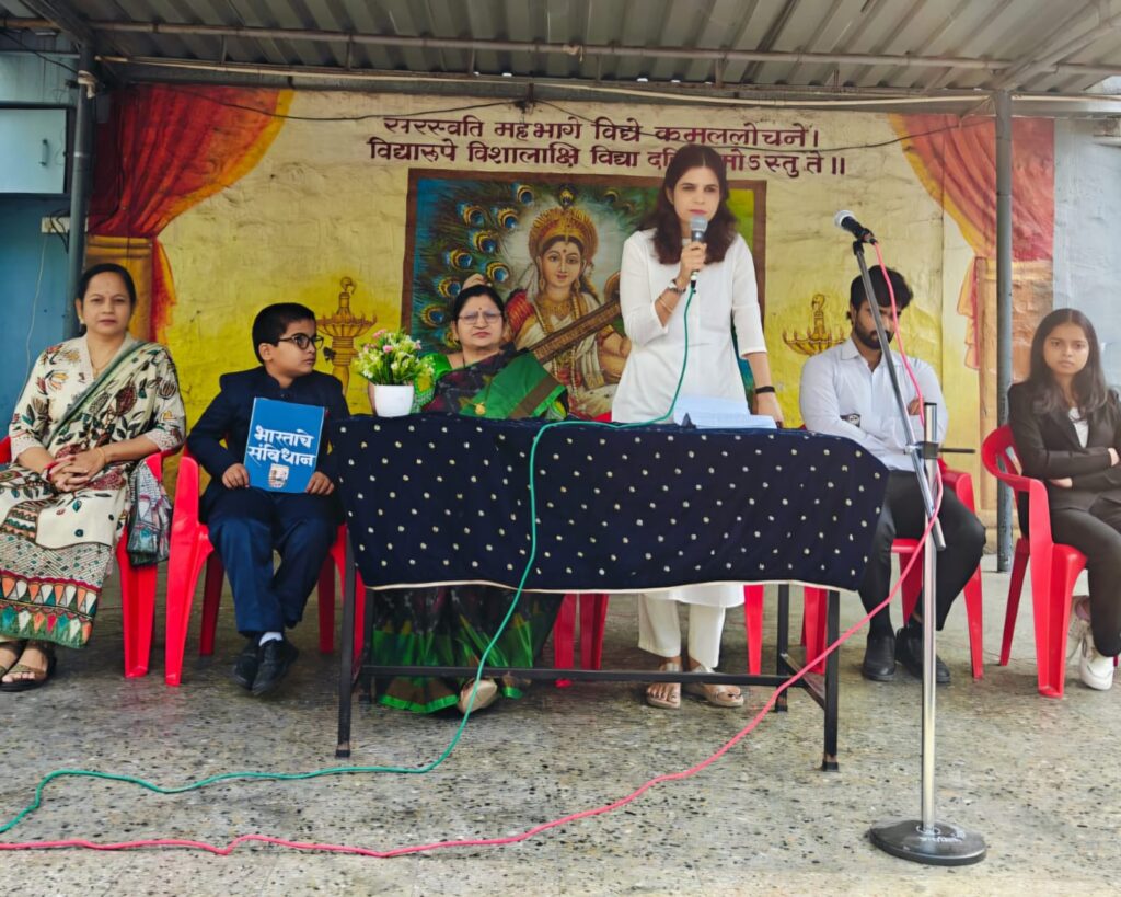 Advocate Archana Chikorde conducting a legal awareness session in a school about good touch and bad touch, child safety, and legal rights for children and girls