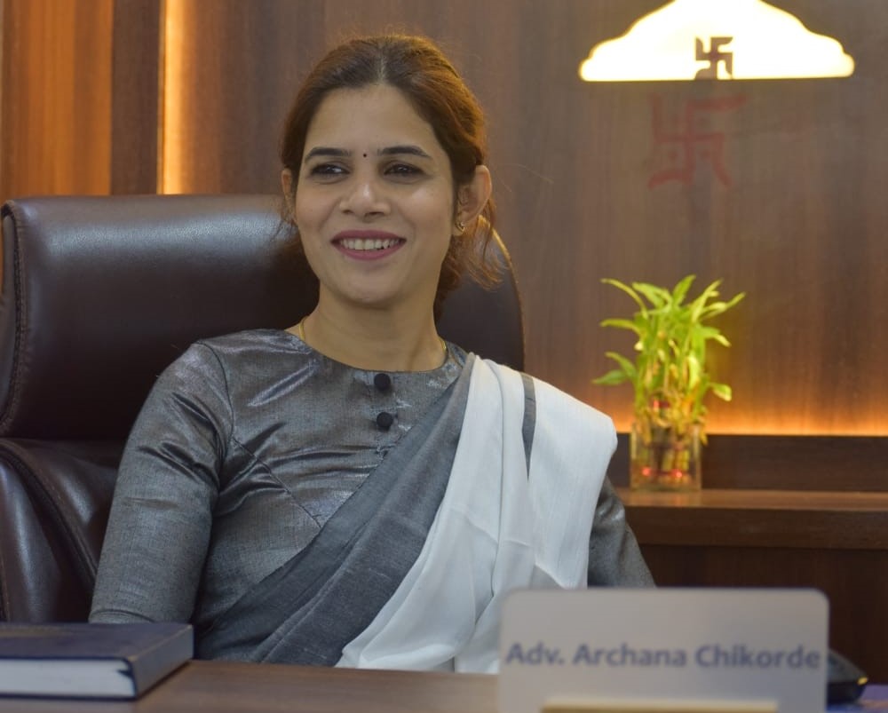 Advocate Archana Chikorde sitting in her law office in Wakad Pune, front pose with a professional appearance, providing legal solutions with integrity and trusted legal guidance for family law, civil disputes, women’s rights matters, and legal consultation