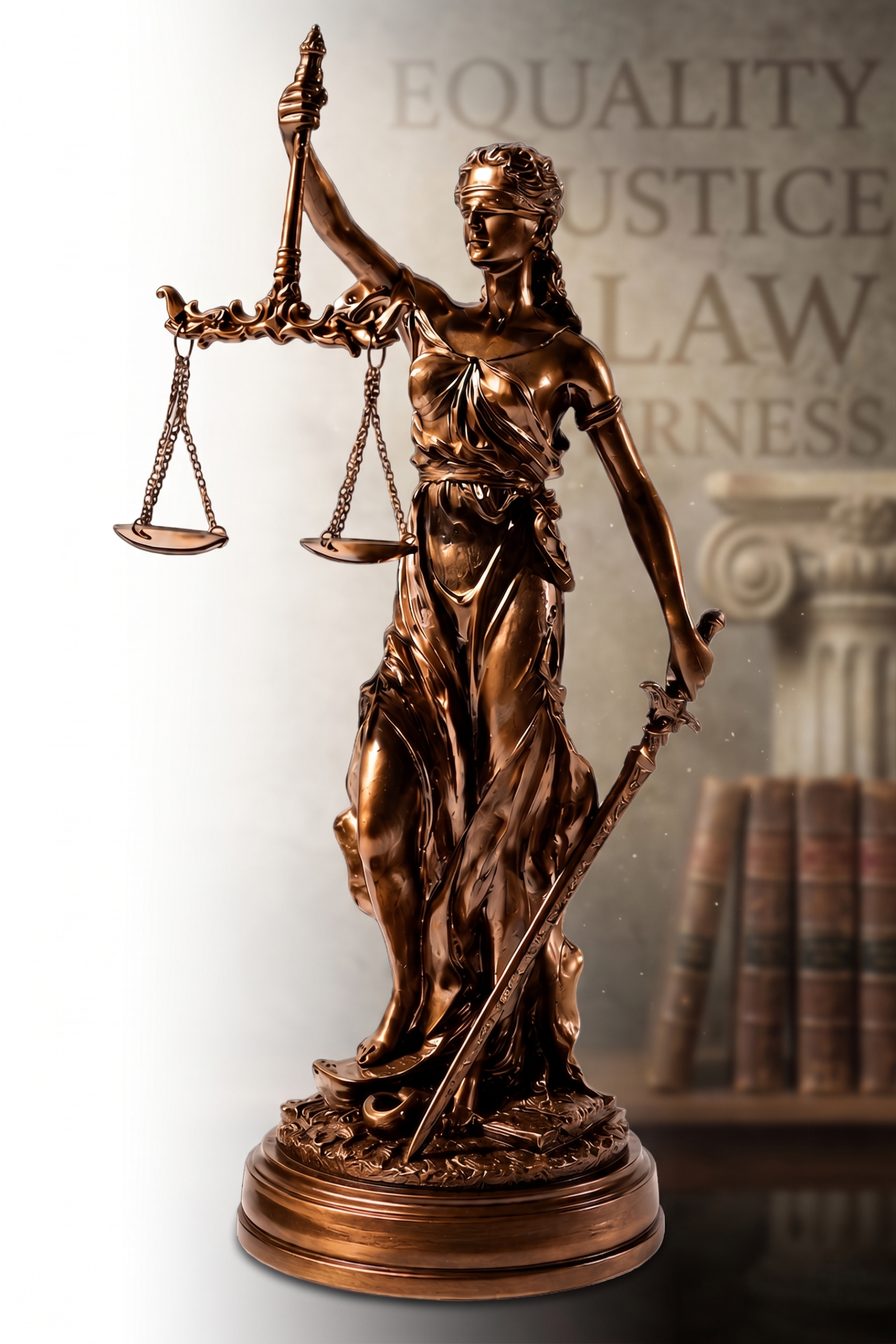 Golden Lady Justice statue representing law, justice, and legal protection for professional legal services website