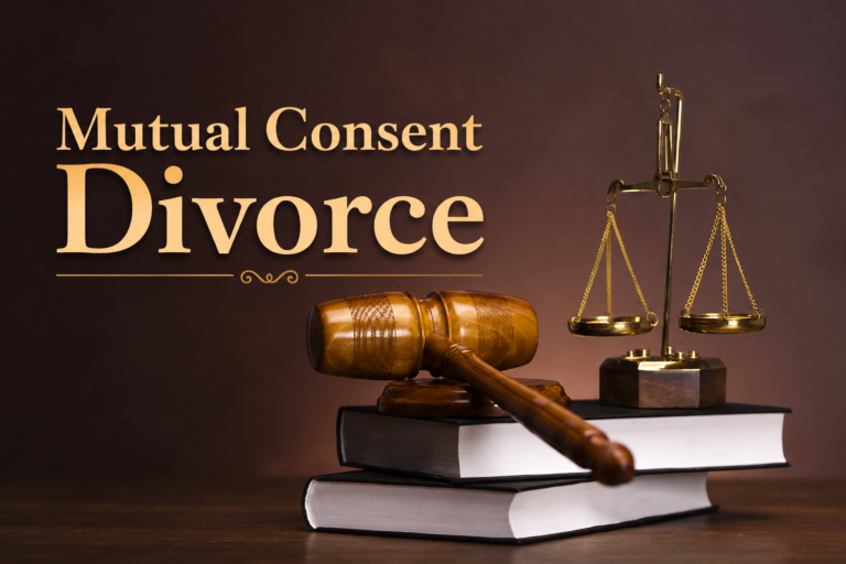 Mutual consent divorce service concept image featuring legal books, justice balance scale, and legal hammer symbolizing smooth and legally compliant divorce proceedings, documentation support, and professional legal guidance by Advocate Archana Chikorde in Pune