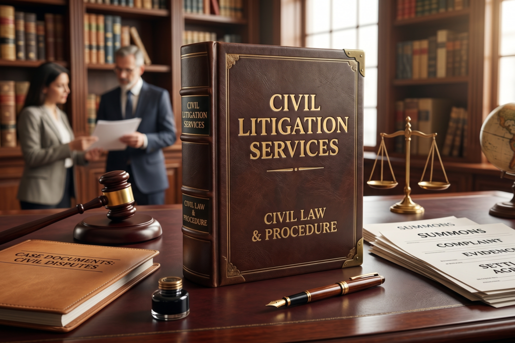 Civil litigation legal service concept image featuring legal contracts and law books, representing professional representation in civil disputes, recovery matters, legal notices, contractual issues, documentation, and court proceedings by Advocate Archana Chikorde in Pune. civil litigation services lawyer pune handling property dispute case