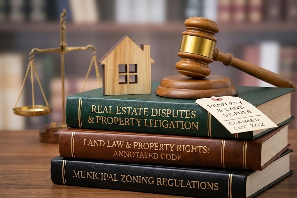 Property and land dispute pune legal service concept image featuring a house, justice balance scale, legal hammer, and property law books, representing land ownership disputes, property rights, title matters, civil litigation, and professional legal assistance by Advocate Archana Chikorde in Pune